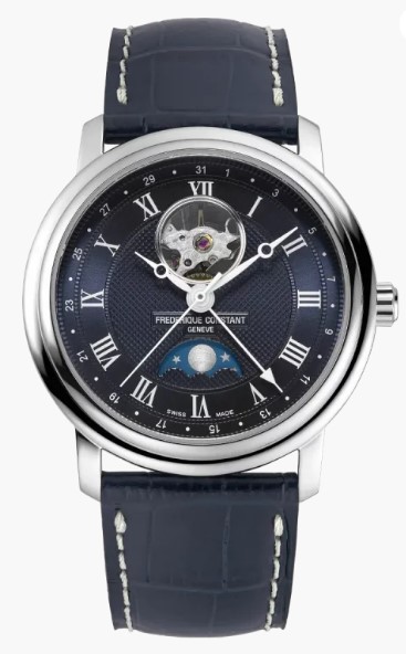 Frederique Constant Classics Heart Beat Moonphase Date is uitgerust met het FC-335 Automatic uurwerk.
heeft een rijkelijk versierde blauwe wijzerplaat met een klassieke Clous de Paris Guiloché versiering en is uitgevoerd met traditionele Romeinse cijfers. De wijzerplaat heeft een doorbraak onder de 12 wat zich kenmerkt  voor de Heart Beat-uurwerken. Gangreserve 38 uur.  Kast 40mm 6 ATM waterdicht. Maanstand en datum aanduiding. Blauw lederen band